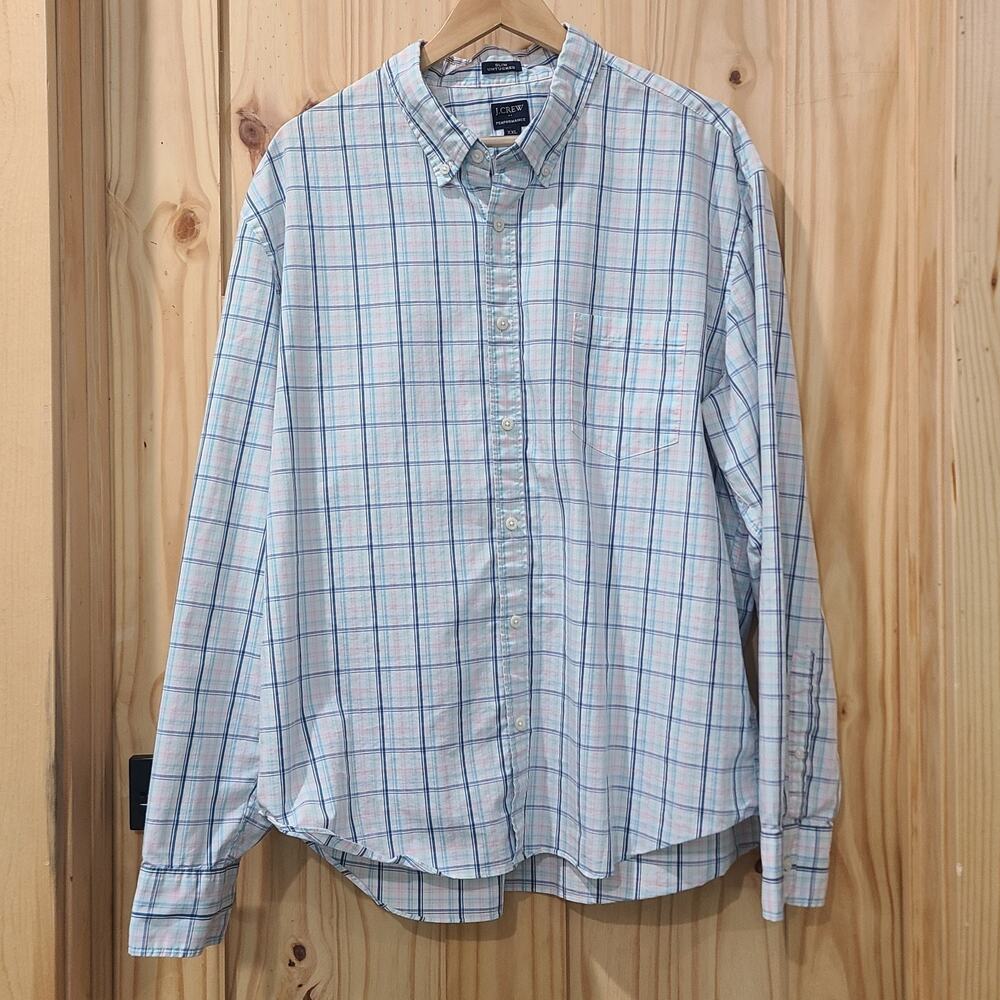 J Crew Slim Untucked Performance Mens XXL Blue Pink Plaid City Preppy Casual
